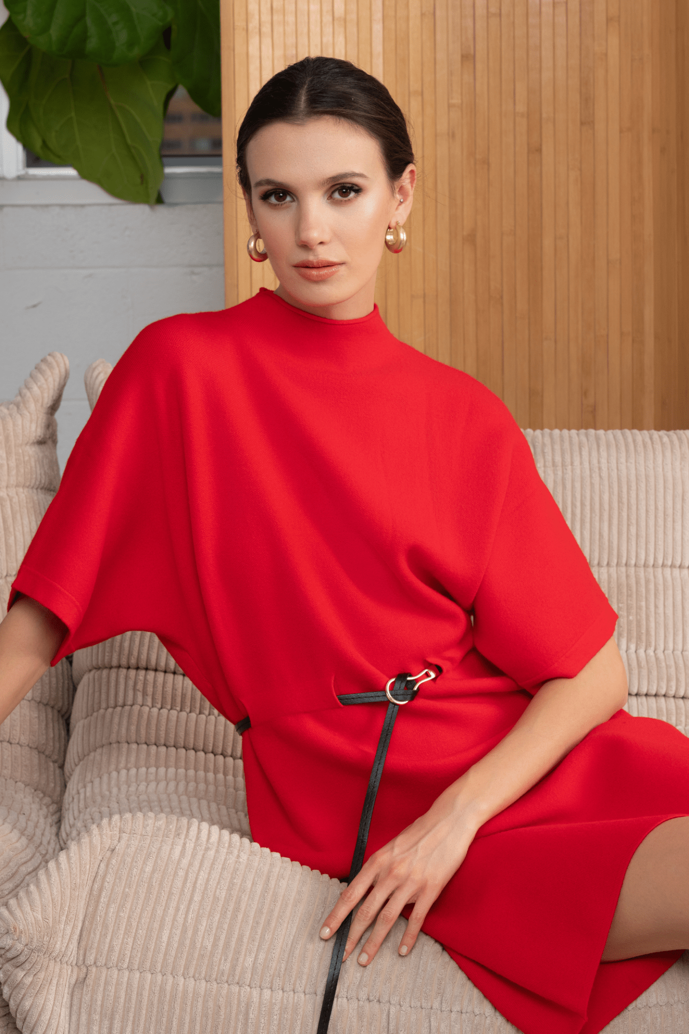 Alison Sheri A46430 Red Knitted Dress with Black Belt. Shop now at Dotique Peak Village
