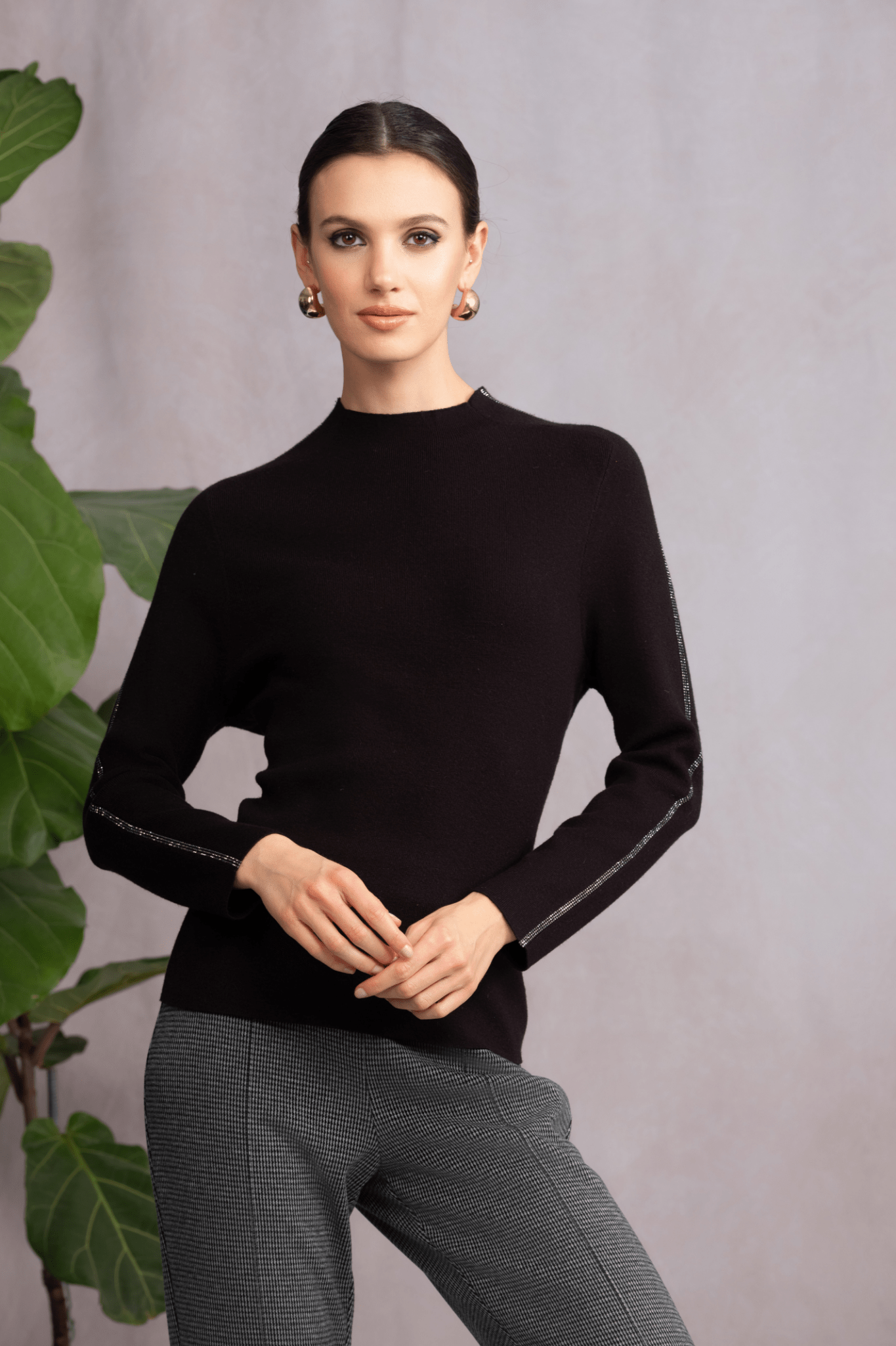 Alison Sheri A46462 Black Knit Jumper with Rhinestone Sleeve Detail at Dotique Peak Village