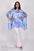 Model wearing Allison 2977 Royal Sky Blue Silk Overlay Top by Allison in flowing blue print, shop Allison at Dotique for elegant layering.