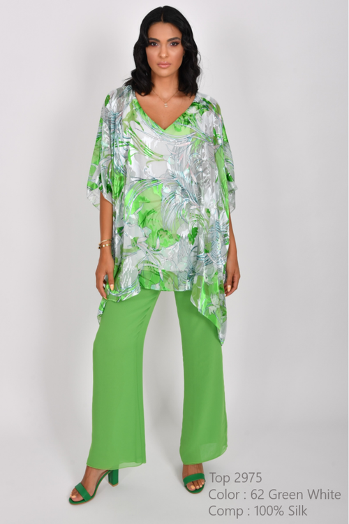 Model wearing Allison 2975 Green White Top in silk with green and white abstract botanical print by Allison, shop Allison at Dotique.
