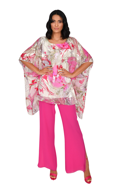 Model wearing Allison 2977 Fuchsia White Top with flowing pink and white floral print by Allison, shop Allison at Dotique.