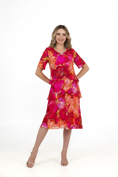 Model wearing Allison 4797 127 Red Orange Silk Floral Dress by Allison featuring vibrant floral layers, shop Allison at Dotique.
