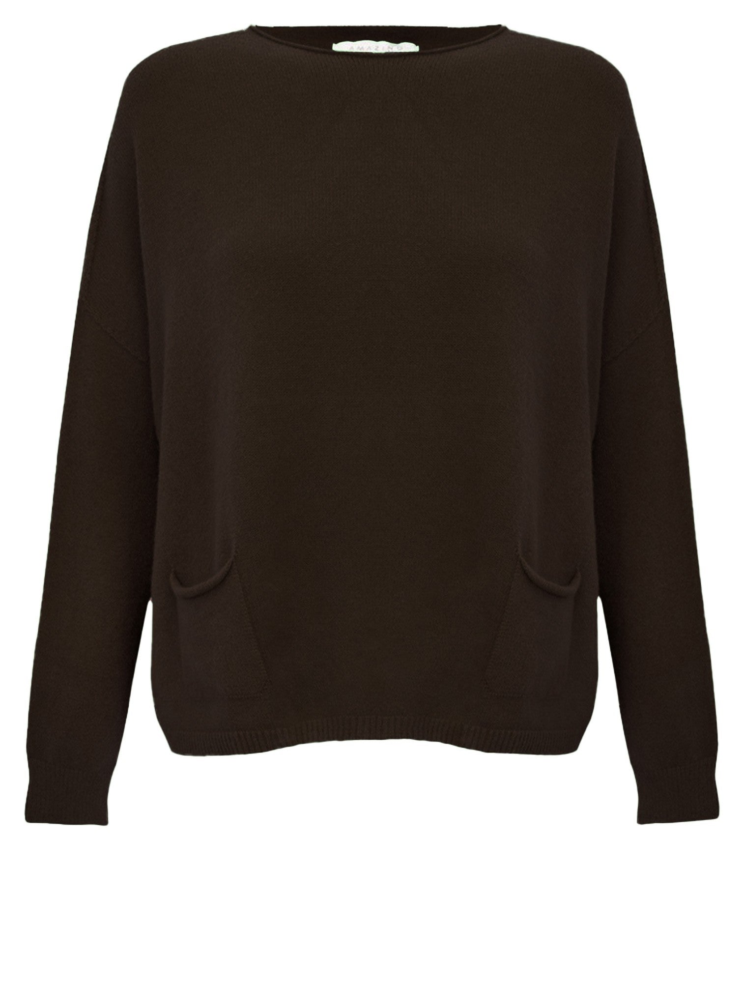 Amazing Woman Jodie Fine Knit 2 Front Pocket Jumper by Amazing Woman in dark brown, shop Amazing Woman at Dotique.