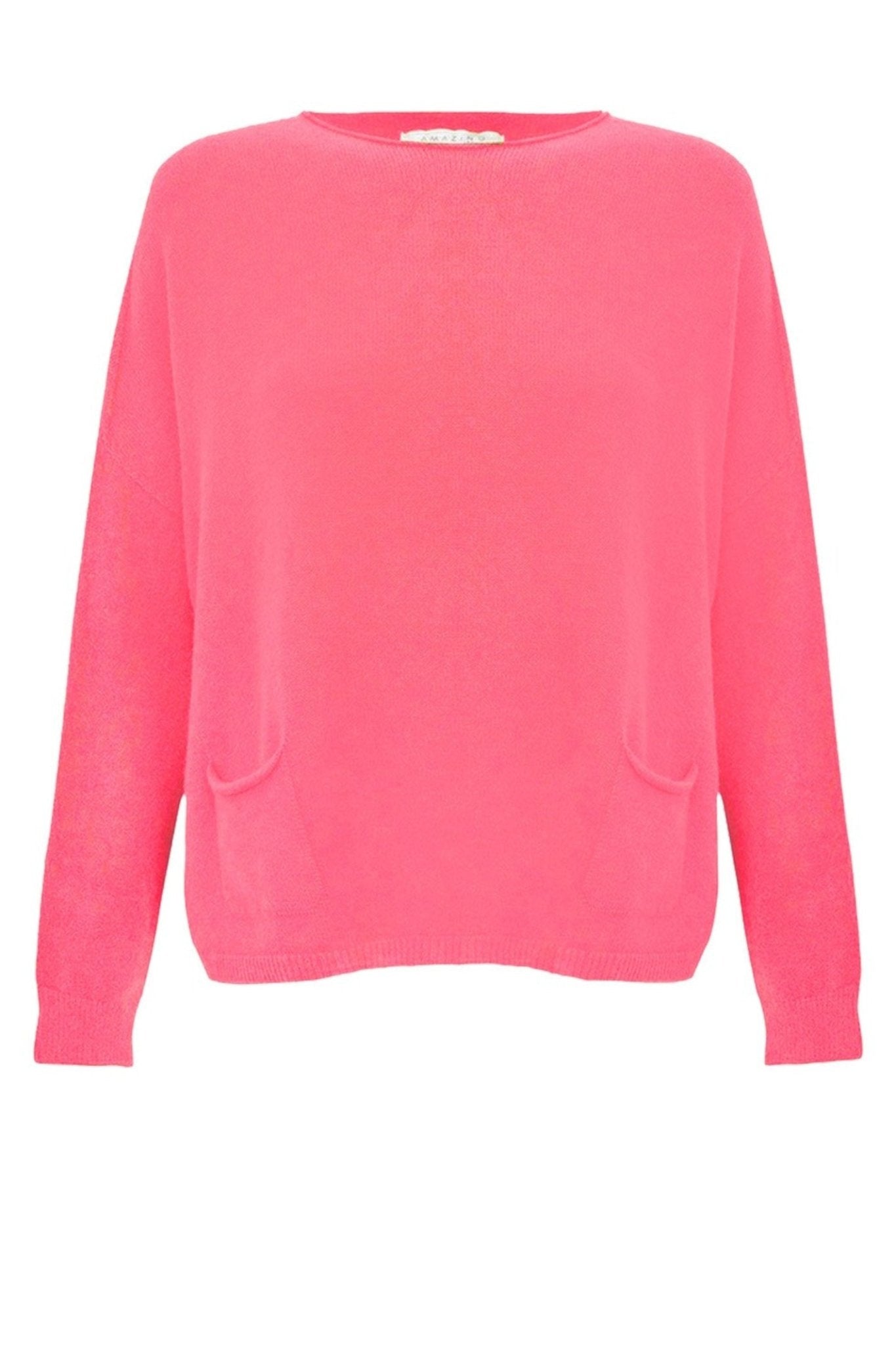 Amazing Woman Jodie Fine Knit 2 Front Pocket Jumper in coral pink by Amazing Woman, shop Amazing Woman at Dotique