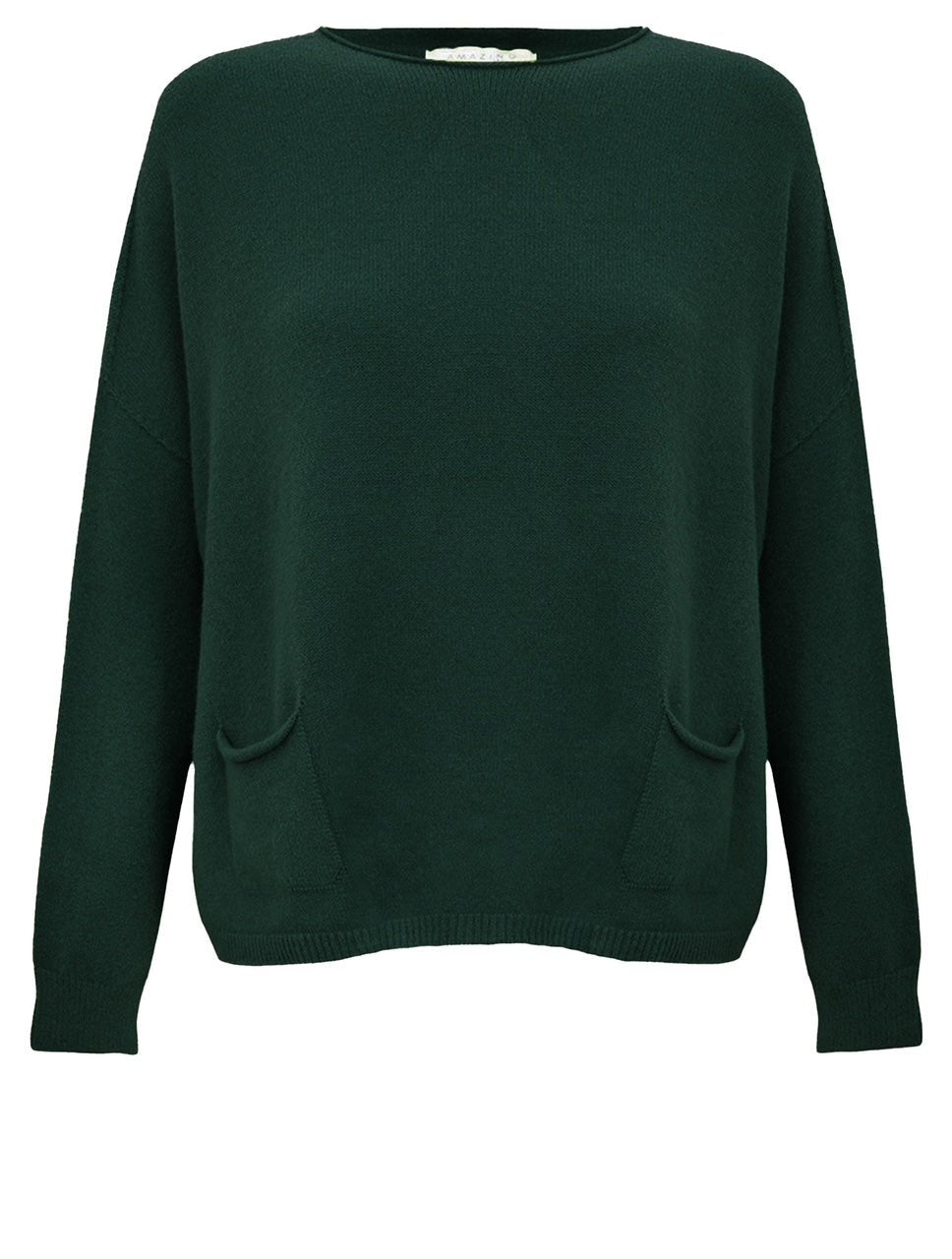 Amazing Woman Jodie Fine Knit 2 Front Pocket Jumper by Amazing Woman in dark green, shop Amazing Woman at Dotique.