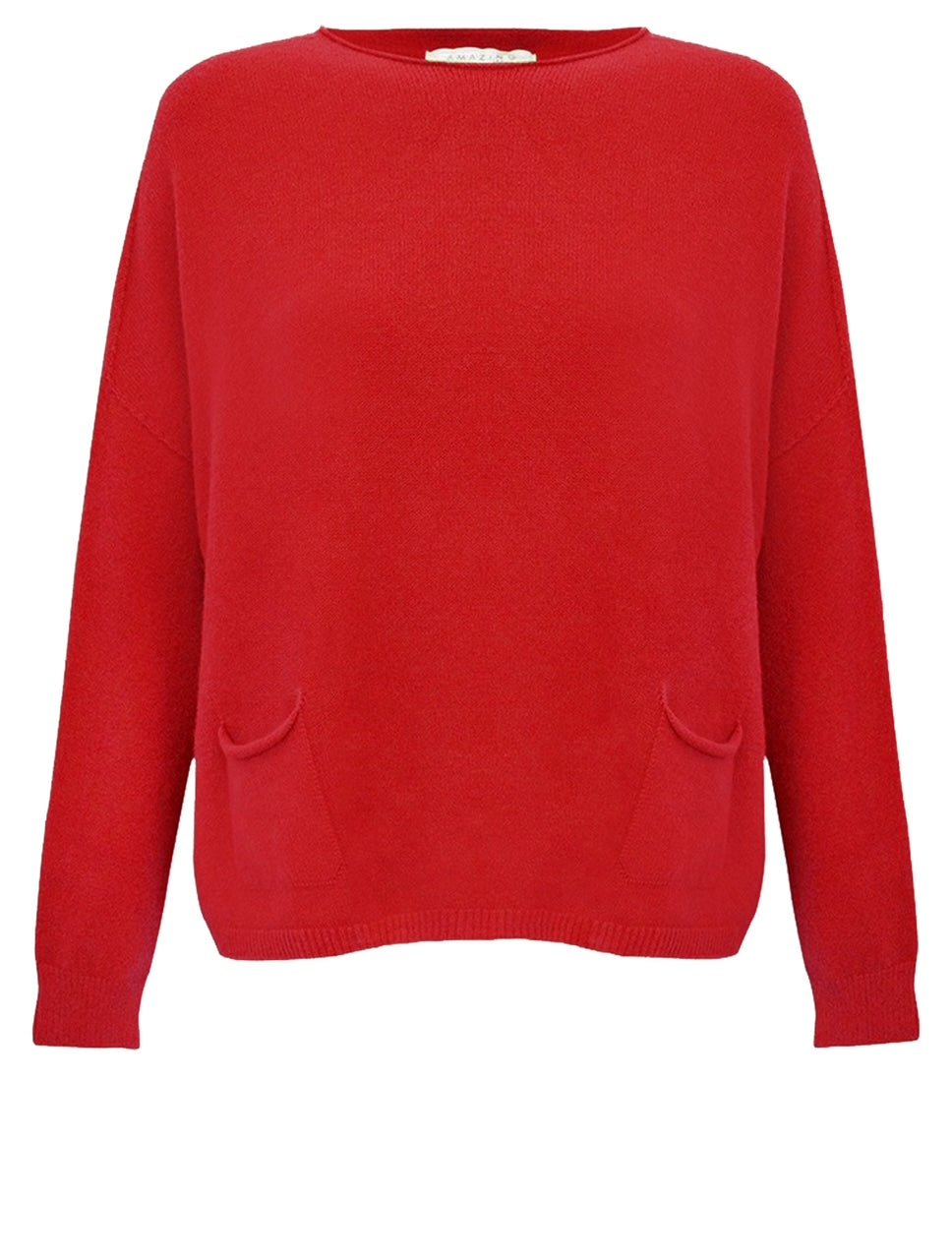 Amazing Woman Jodie Fine Knit 2 Front Pocket Jumper in red by Amazing Woman, shop Amazing Woman at Dotique