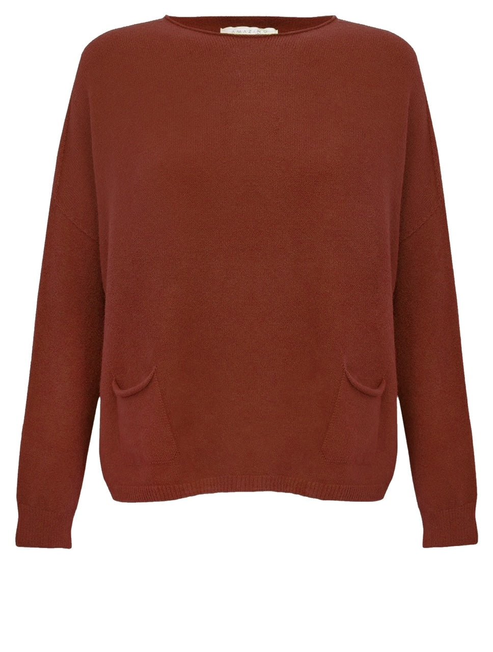 Amazing Woman Jodie Fine Knit 2 Front Pocket Jumper by Amazing Woman in rust color, shop Amazing Woman at Dotique