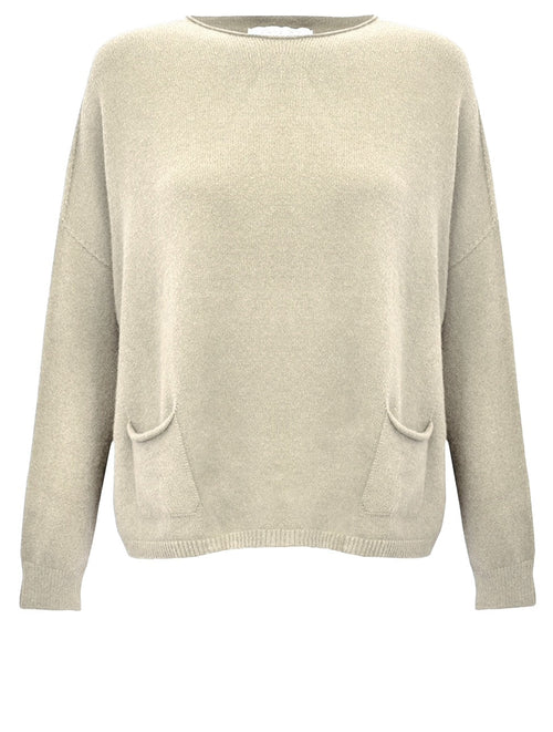 Amazing Woman Jodie Fine Knit 2 Front Pocket Jumper by Amazing Woman available to shop at Dotique in a soft beige knit design
