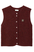 Shop the American Vintage East Knitted Waistcoat in Acerola Chine at Dotique. A soft alpaca blend knitted waistcoat with a relaxed fit, button front and rich burgundy melange colour.