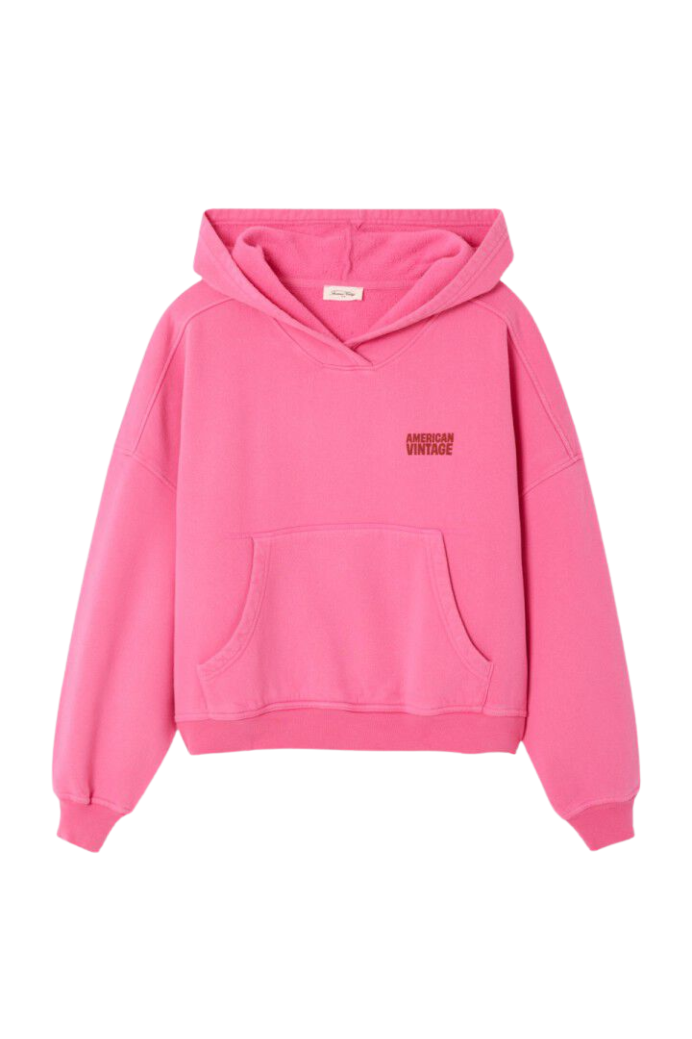 Front view of American Vintage Plizzy Cotton Hoodie – Petunia Vintage in bright pink, shop American Vintage at Dotique