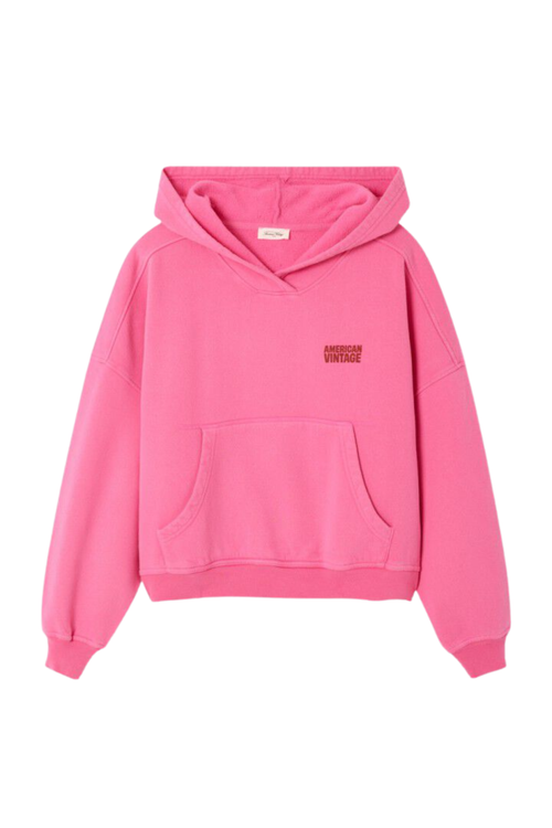 Front view of American Vintage Plizzy Cotton Hoodie – Petunia Vintage in bright pink, shop American Vintage at Dotique