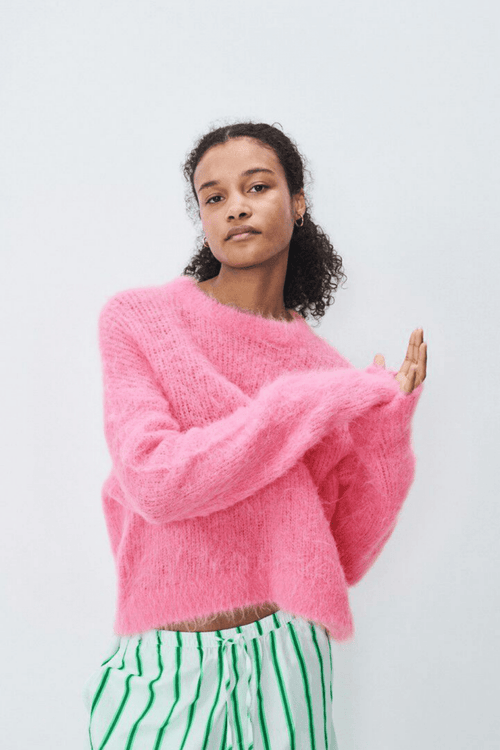 American Vintage BYMI rose pink round neck jumper with fluffy knit – Dotique

