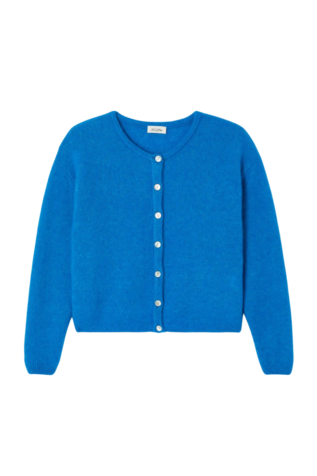 Shop the American Vintage Vitow Cardigan in Curacao Chine at Dotique. A luxuriously soft alpaca and wool blend cardigan with a relaxed fit and vibrant blue colour.