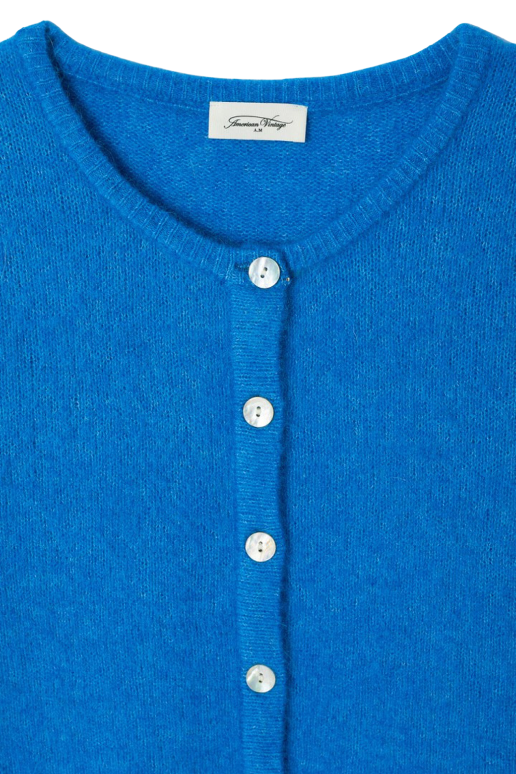 Shop the American Vintage Vitow Cardigan in Curacao Chine at Dotique. A luxuriously soft alpaca and wool blend cardigan with a relaxed fit and vibrant blue colour.