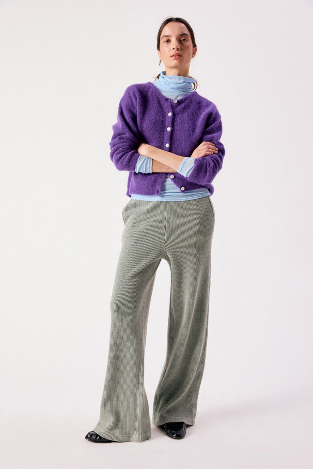 American Vintage Women's Vitow Cardigan Cosmos purple cardigan on model American Vintage Shop American Vintage at Dotique