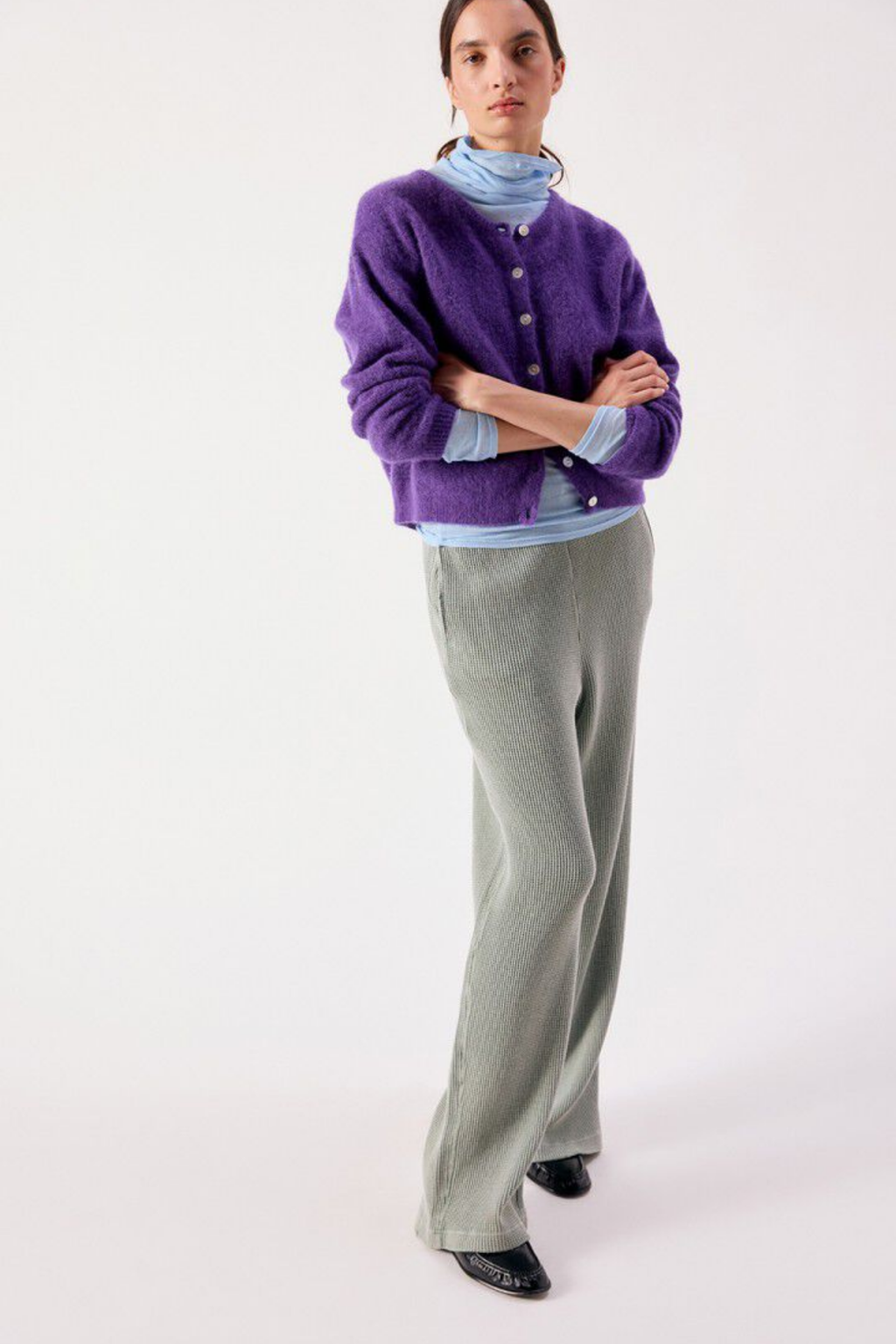 American Vintage Women's Vitow Cardigan Cosmos purple cardigan on model American Vintage Shop American Vintage at Dotique