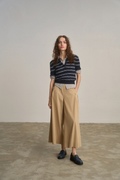 Anna Montana 6604 212 Meret Culottes Flexi New Port Desert Sand in wide-leg desert sand tone, styled with navy striped top and loafers by Anna Montana, shop Anna Montana at Dotique.