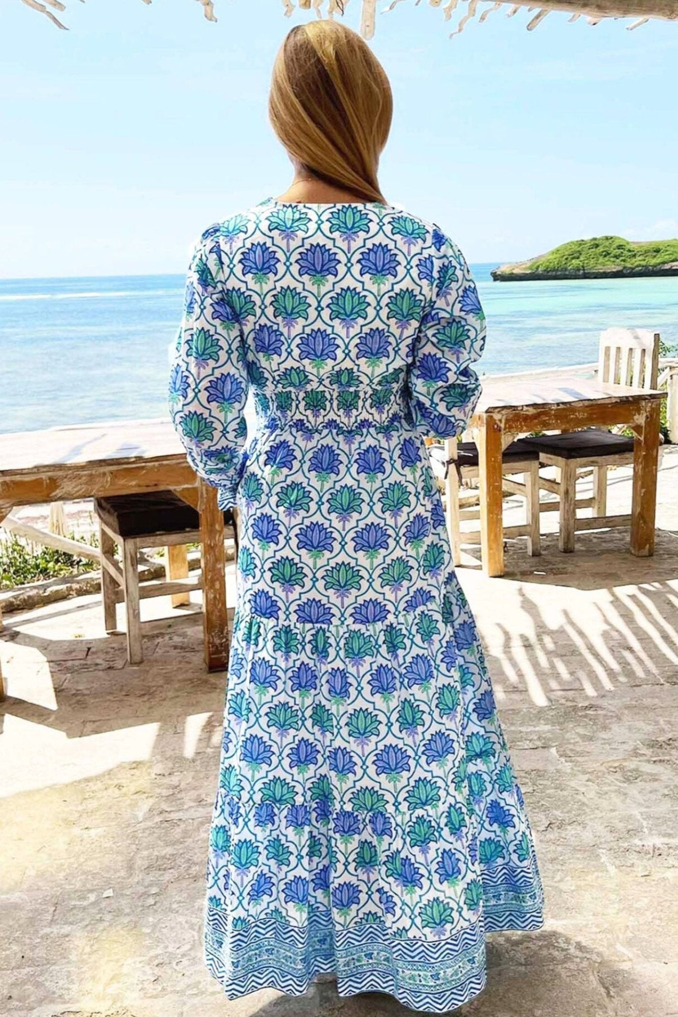 Aspiga Billie Block Print Dress Wild Flower Buta Green Blue Dotique Aspiga Billie Block Print Dress Wild Flower Buta Green Blue Dotique
