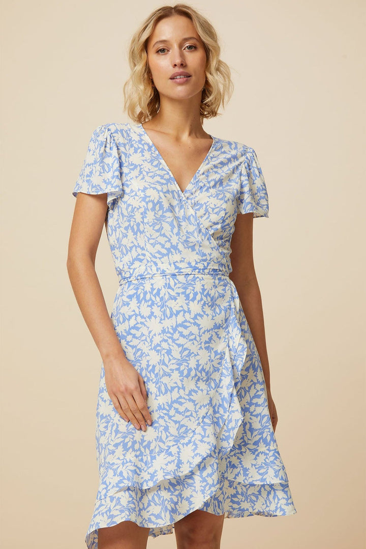 Aspiga Chelsea Wrap Dress Pained Floral White Blue - Dotique