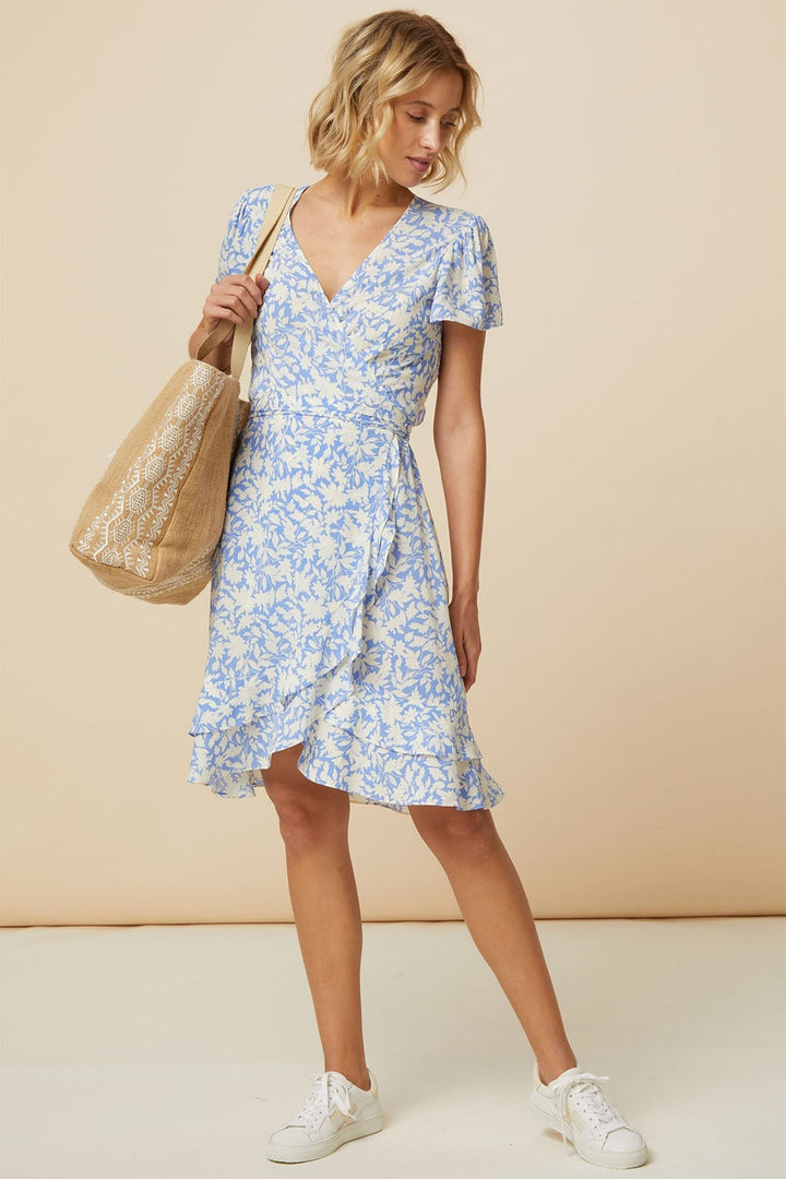 Aspiga Chelsea Wrap Dress Pained Floral White Blue - Dotique