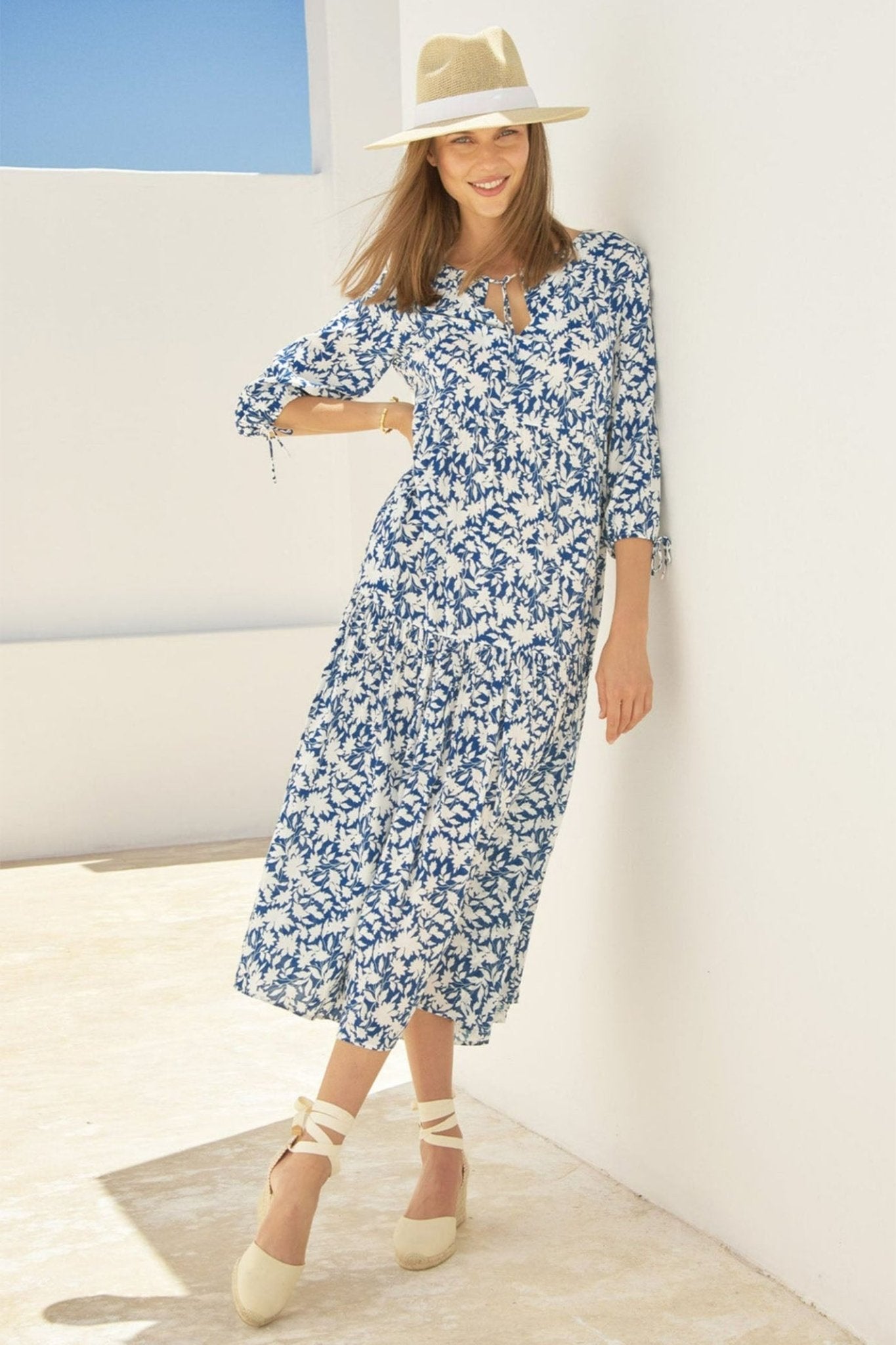 Aspiga Emma Lightweight EcoVero Dress Clematis Vines Mono Navy White - Dotique