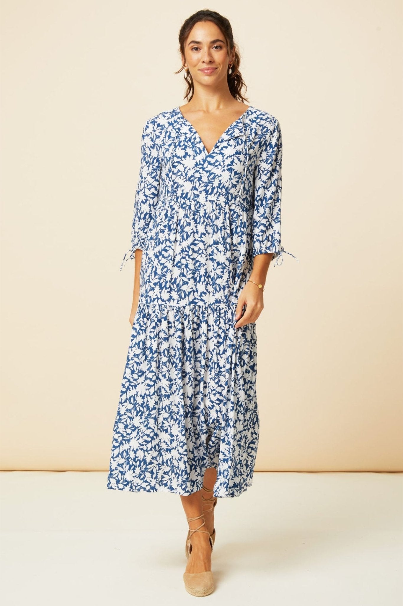 Aspiga Emma Lightweight EcoVero Dress Clematis Vines Mono Navy White - Dotique