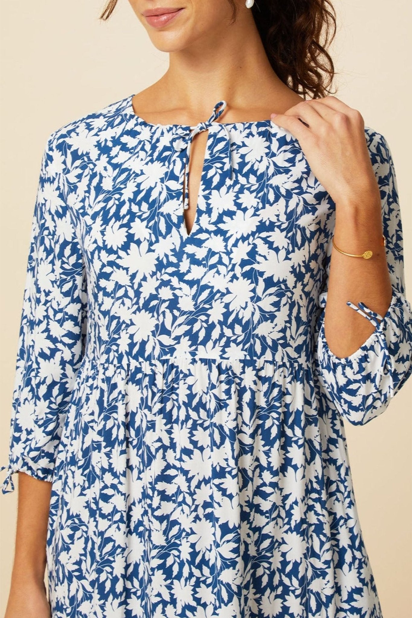 Aspiga Emma Lightweight EcoVero Dress Clematis Vines Mono Navy White - Dotique