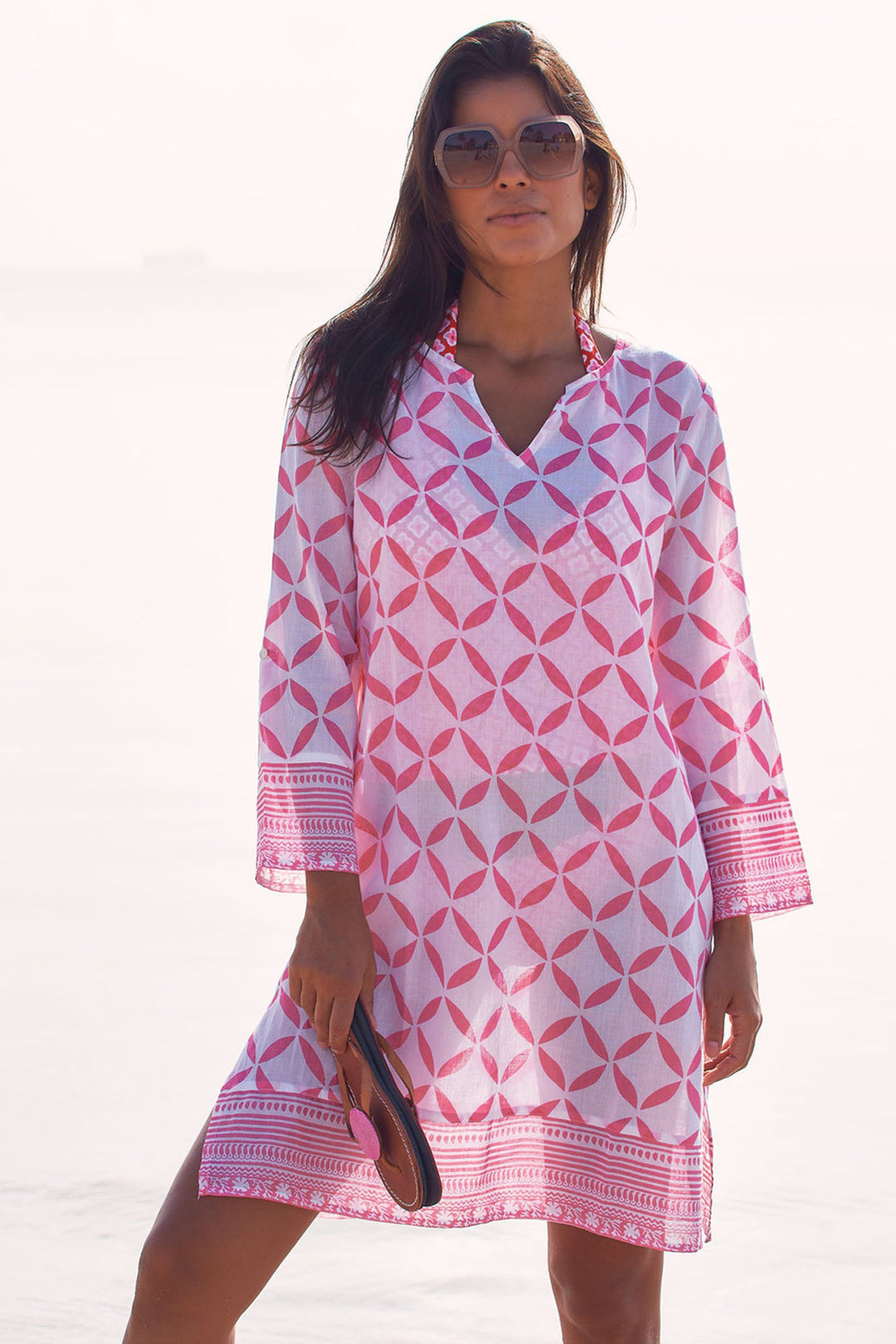 Aspiga Guadalupe Short Dress Tunic Shibori Print White Pink - Dotique