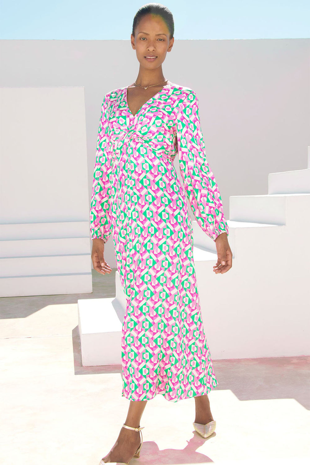 Aspiga Katriona Satin Dress Tropical Geometric Print Pink Green - Dotique