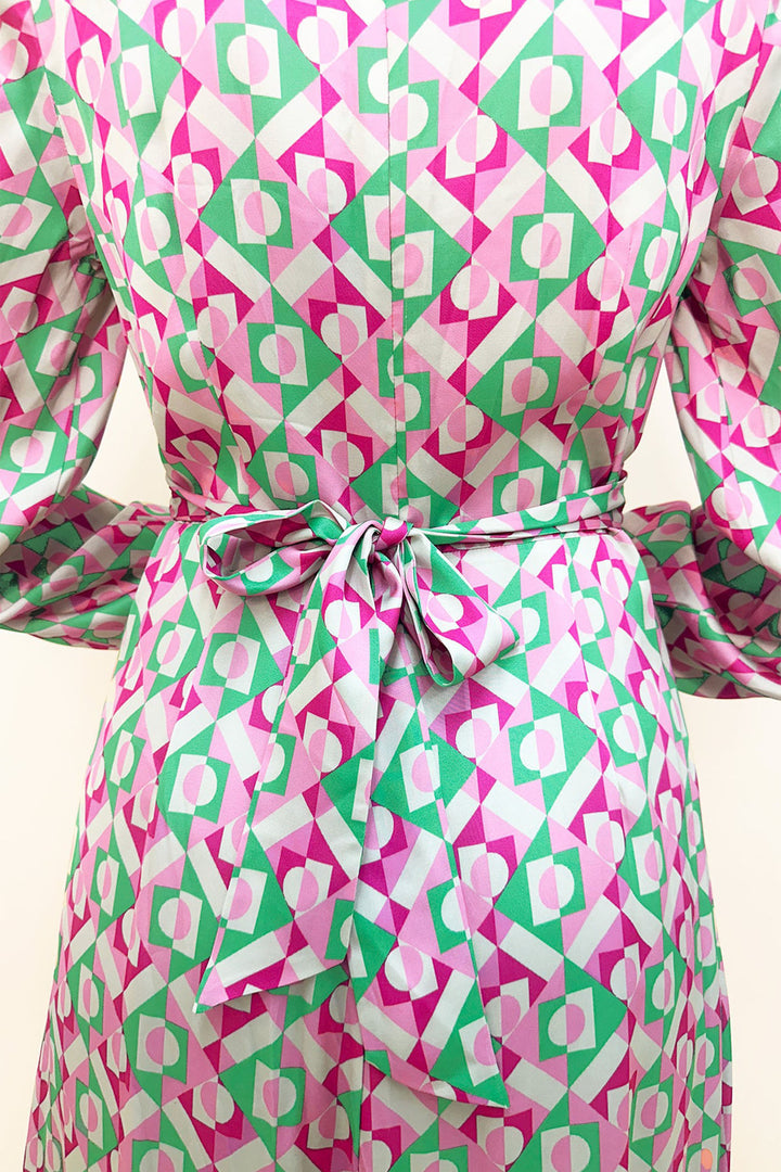 Aspiga Katriona Satin Dress Tropical Geometric Print Pink Green - Dotique