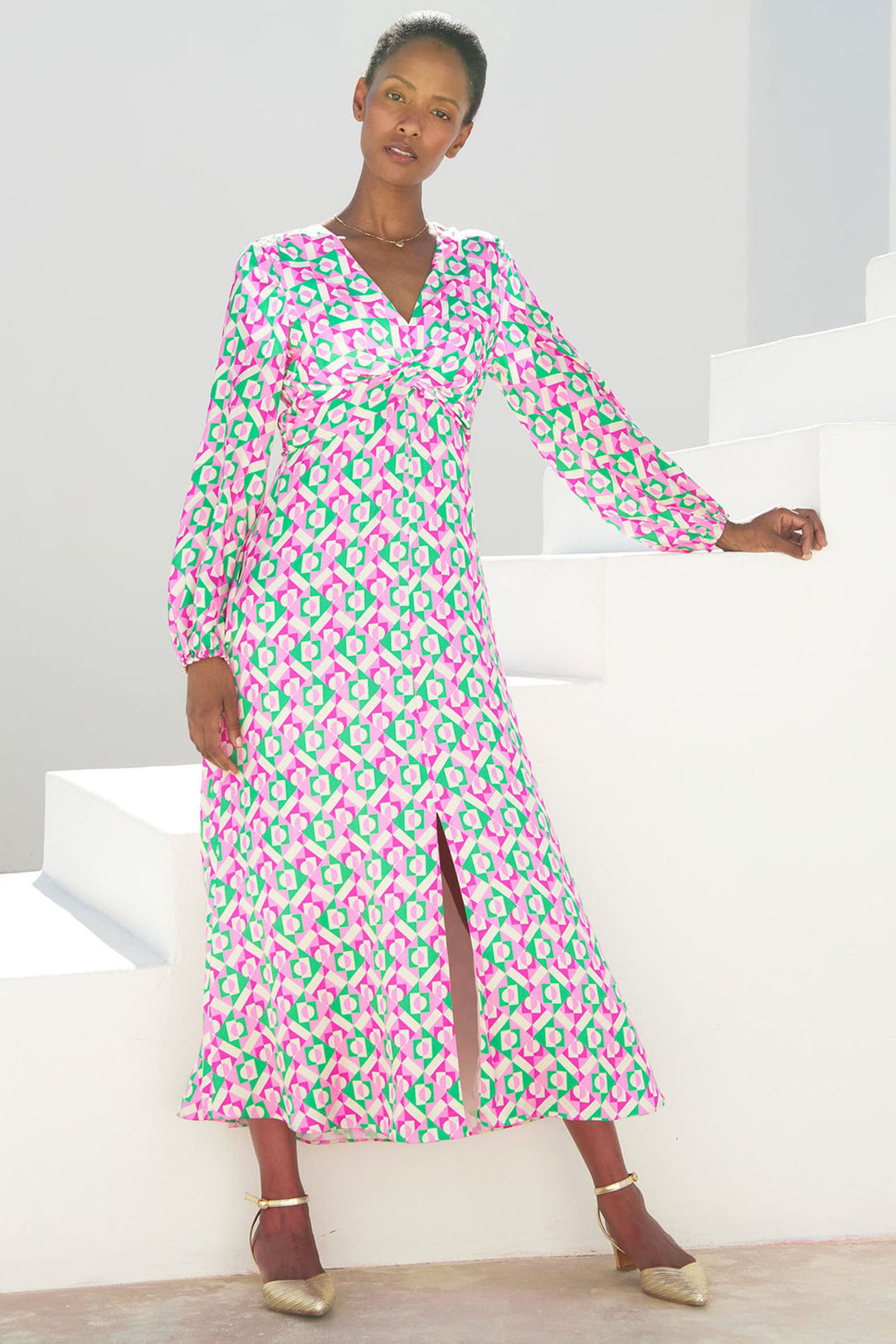 Aspiga Katriona Satin Dress Tropical Geometric Print Pink Green - Dotique