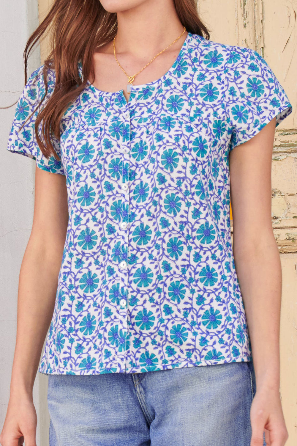 Aspiga Lisbon Short Sleeve Cotton Shirt Flower Wheel Print Green Blue - Dotique