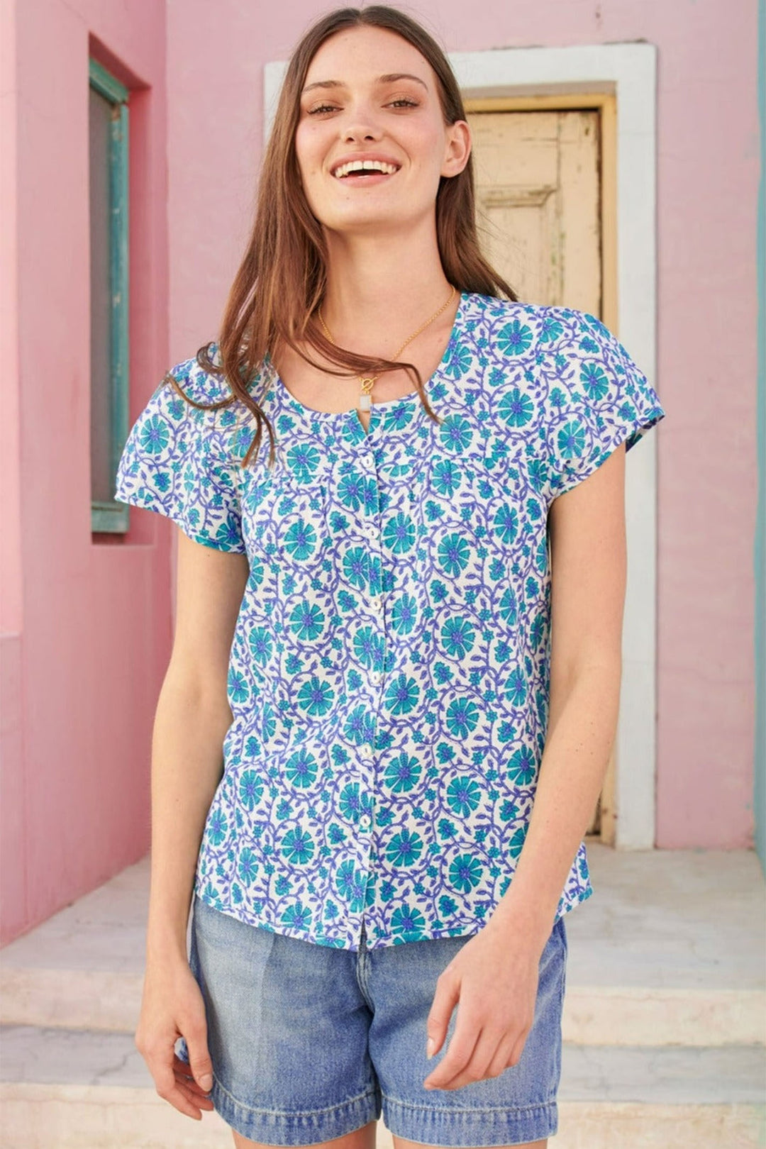 Aspiga Lisbon Short Sleeve Cotton Shirt Flower Wheel Print Green Blue - Dotique