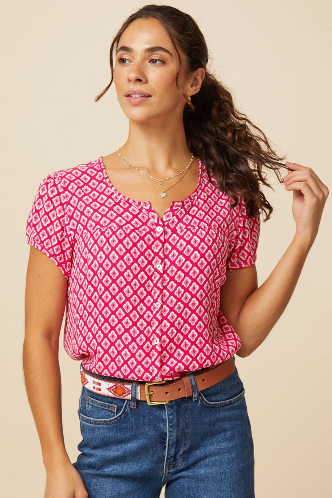 Aspiga Lisbon Short Sleeve Shirt Diamond Print Cerise Pink - Dotique