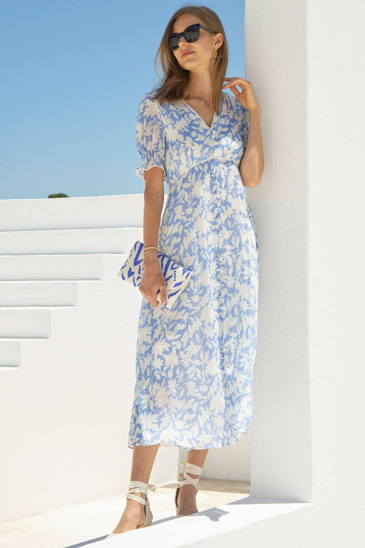 Aspiga Sally Anne Tea Dress Clematis Vines Mono Print Cornflower Blue - Dotique