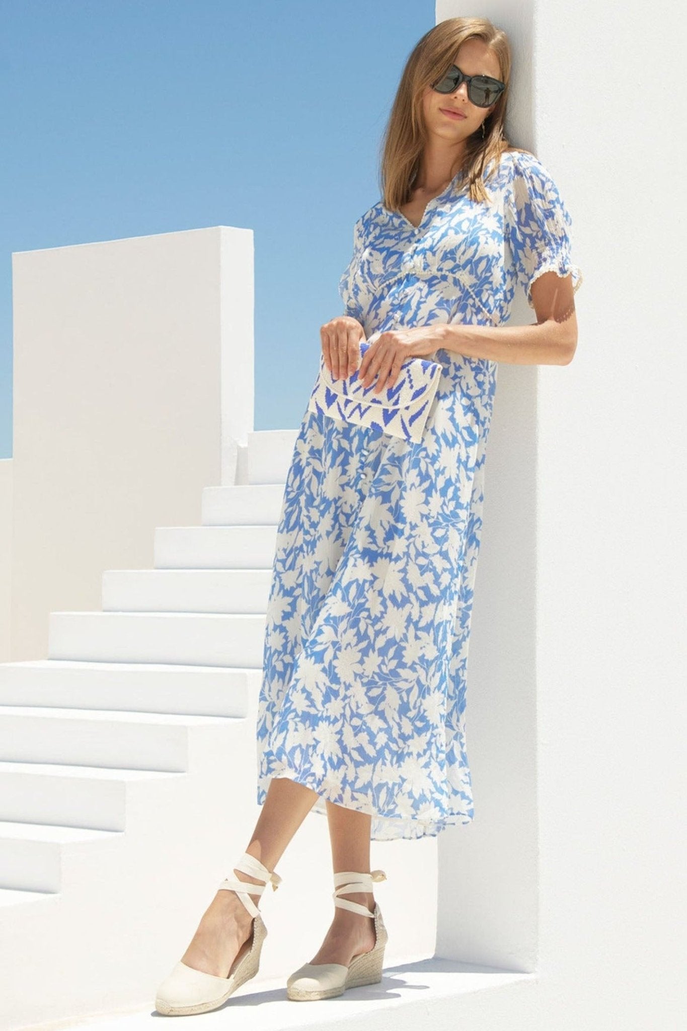 Aspiga Sally Anne Tea Dress Clematis Vines Mono Print Cornflower Blue - Dotique