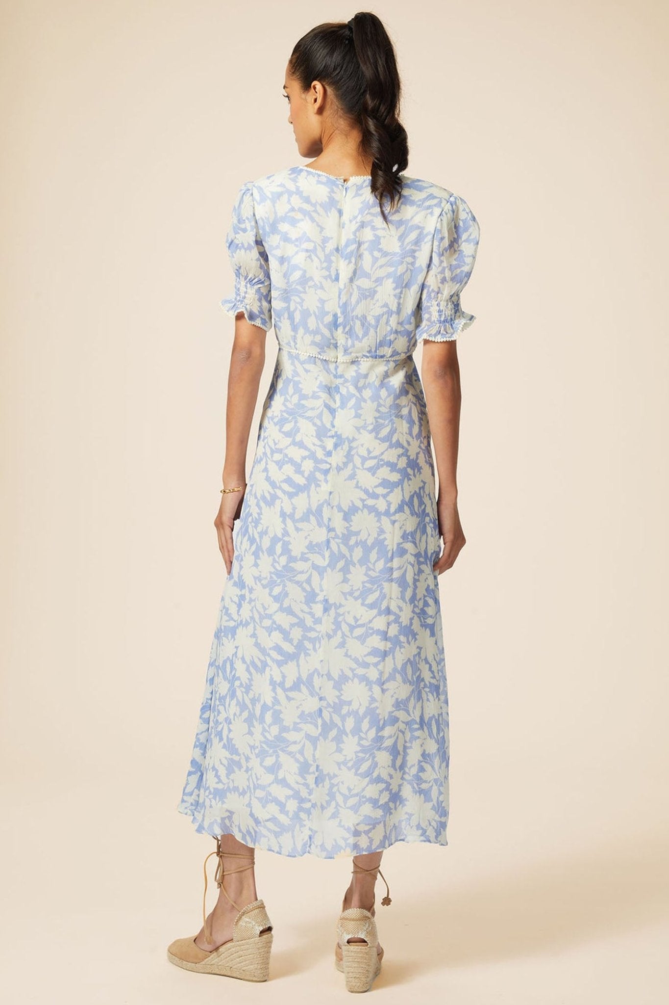 Aspiga Sally Anne Tea Dress Clematis Vines Mono Print Cornflower Blue - Dotique