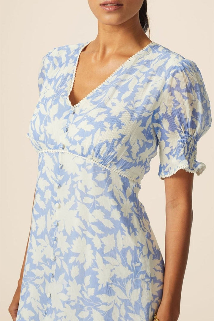 Aspiga Sally Anne Tea Dress Clematis Vines Mono Print Cornflower Blue - Dotique