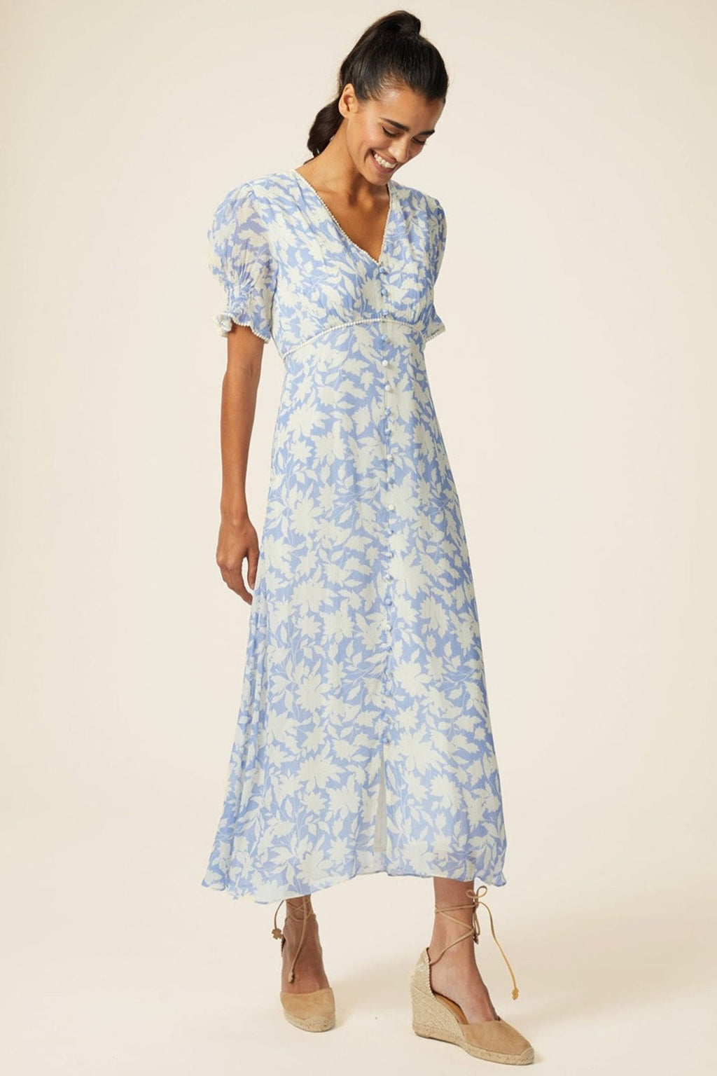 Aspiga Sally Anne Tea Dress Clematis Vines Mono Print Cornflower Blue - Dotique