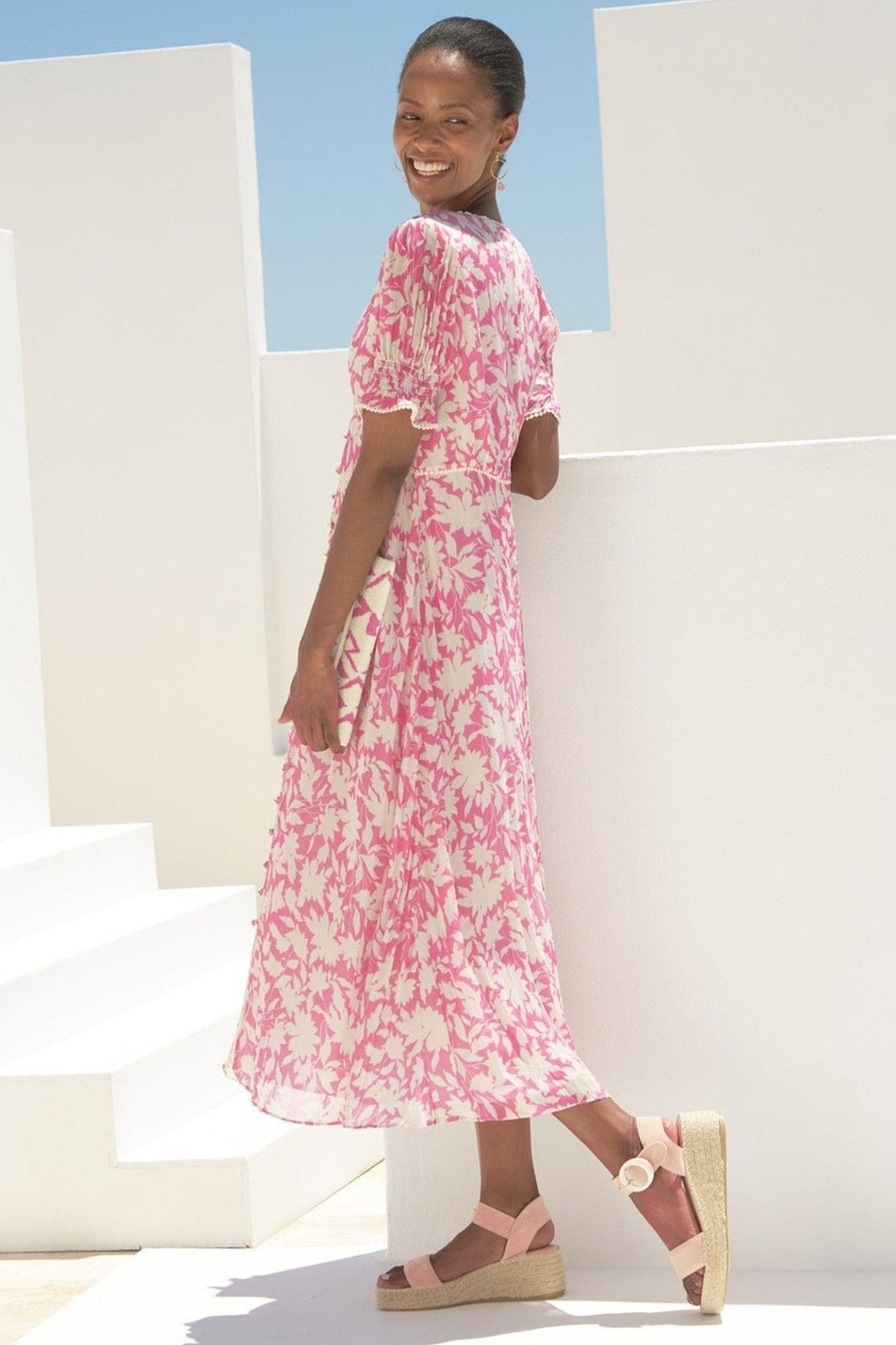 Aspiga Sally Anne Tea Dress Clematis Vines Mono Print Light Pink - Dotique