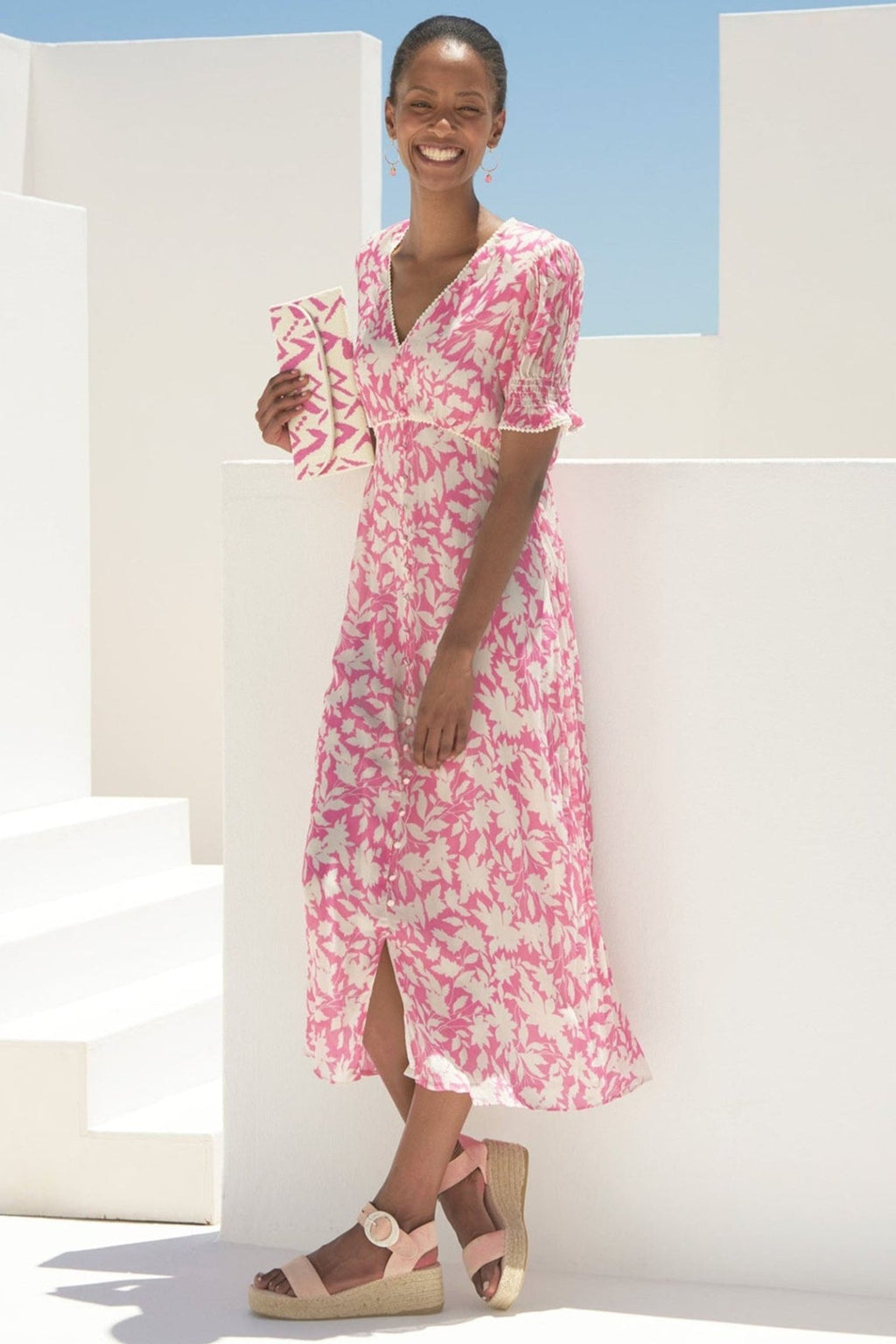 Aspiga Sally Anne Tea Dress Clematis Vines Mono Print Light Pink - Dotique