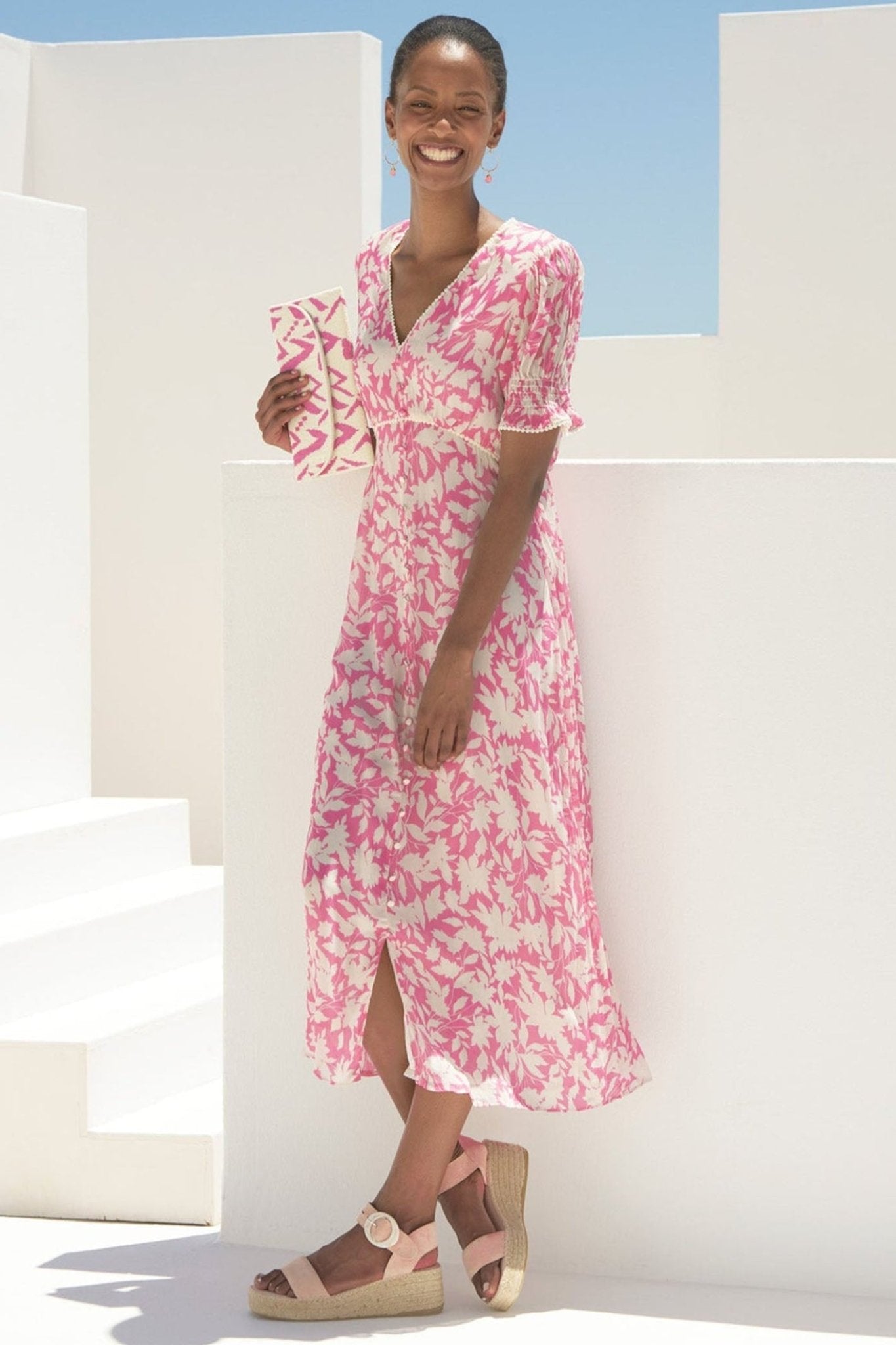 Aspiga Sally Anne Tea Dress Clematis Vines Mono Print Light Pink - Dotique