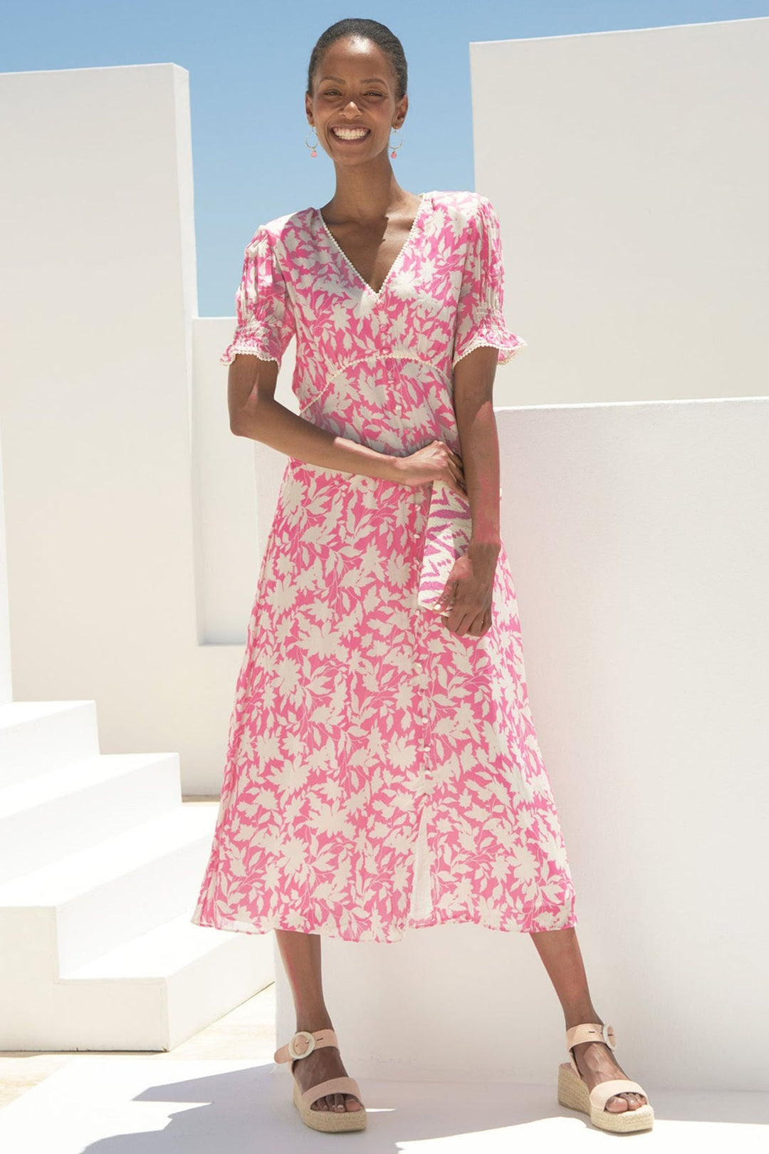 Aspiga Sally Anne Tea Dress Clematis Vines Mono Print Light Pink - Dotique