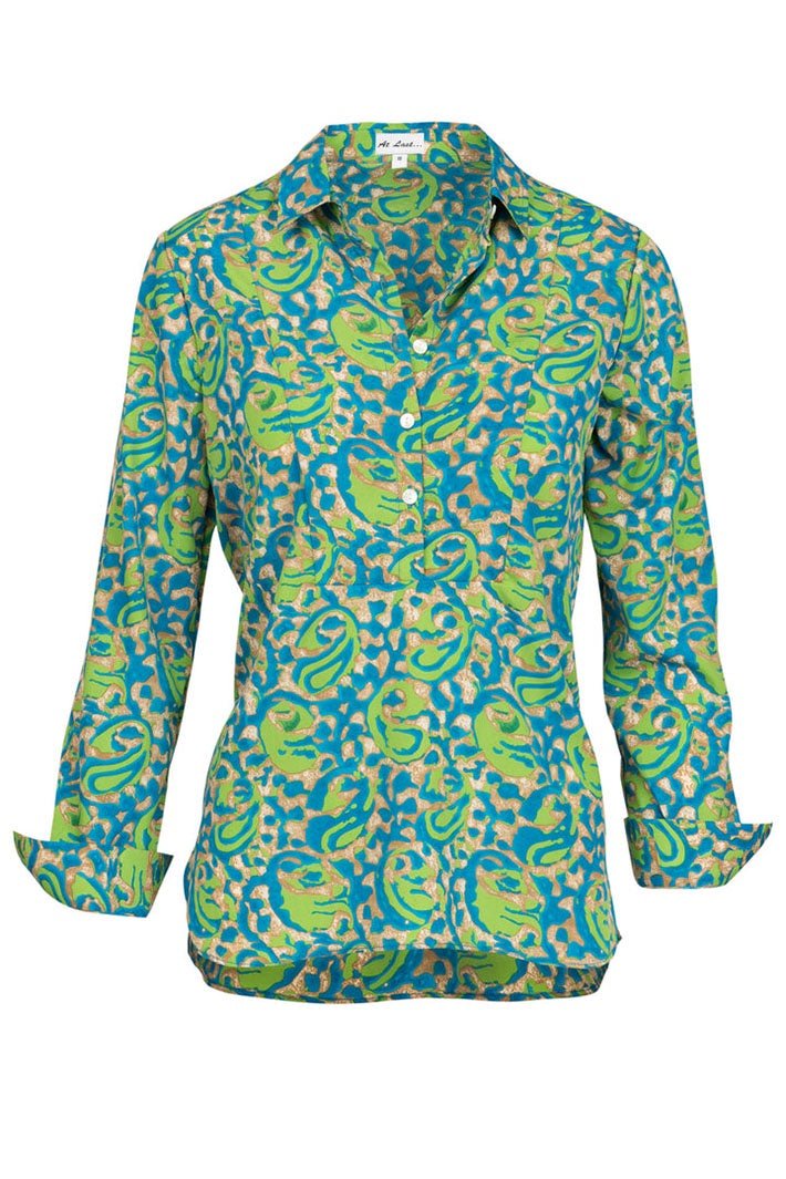 At Last Soho Shirt Turquoise Lime Green Swirl - Dotique