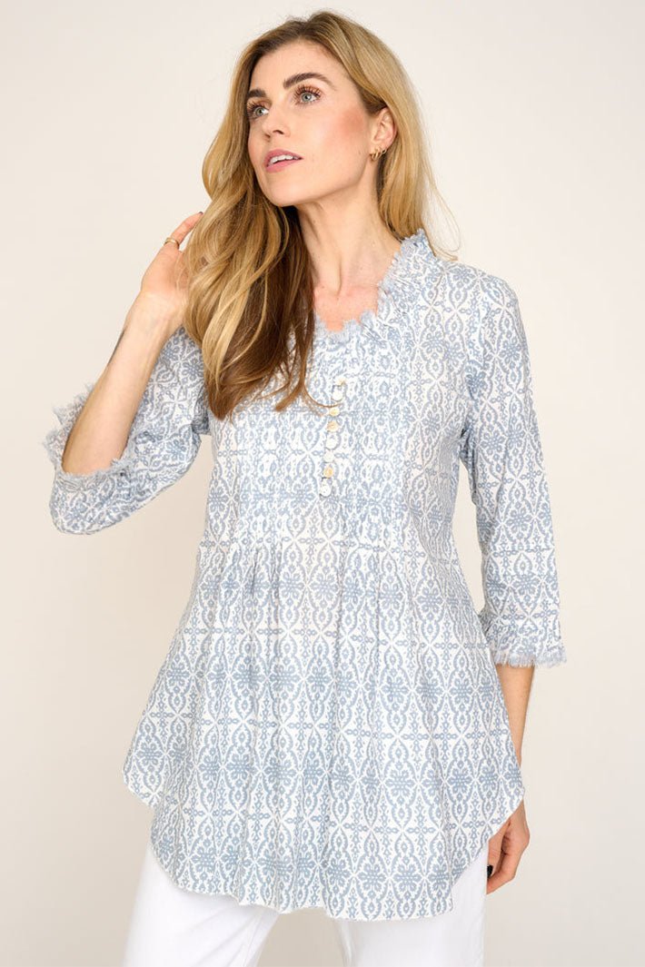 At Last Sophie Cotton Shirt Dove Grey White Print - Dotique