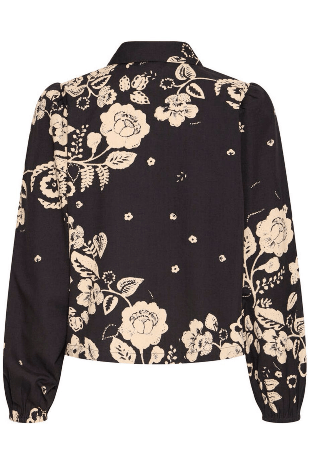 Atelier Rêve IRTULLA black cotton blouse with pink floral design at Dotique


