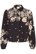 Atelier Rêve IRTULLA black cotton blouse with pink floral design at Dotique

