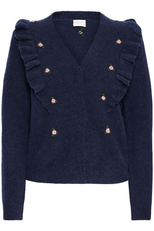 Atelier Rêve IRMORRIS maritime blue cardigan with floral embroidery at Dotique


