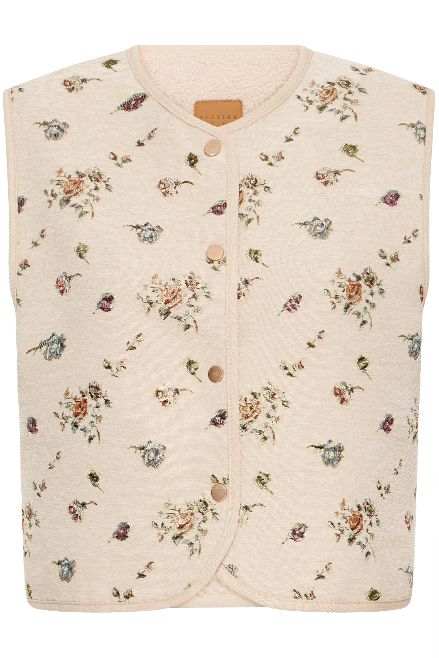 Atelier Rêve Irtambourine jacquard floral waistcoat with a loose, cropped fit. A beautiful layering piece to elevate everyday outfits. Shop at Dotique.