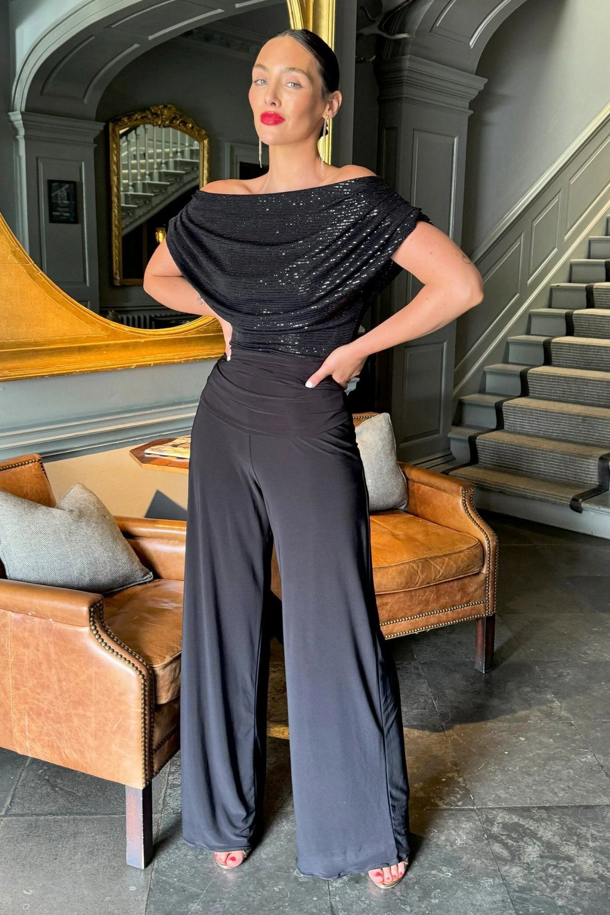 Atom Label Carbon Bardot Jumpsuit – Black Sequin Sparkle Regular Length by ATOM LABEL Shop ATOM LABEL at Dotique